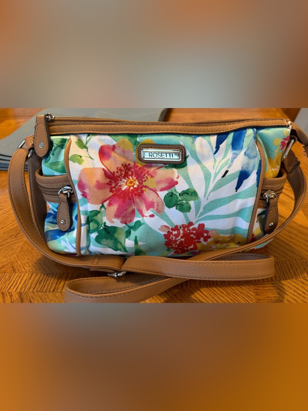 Rosetti Floral Canvas Crossbody Bag in Pink, Green, Blue and Tan